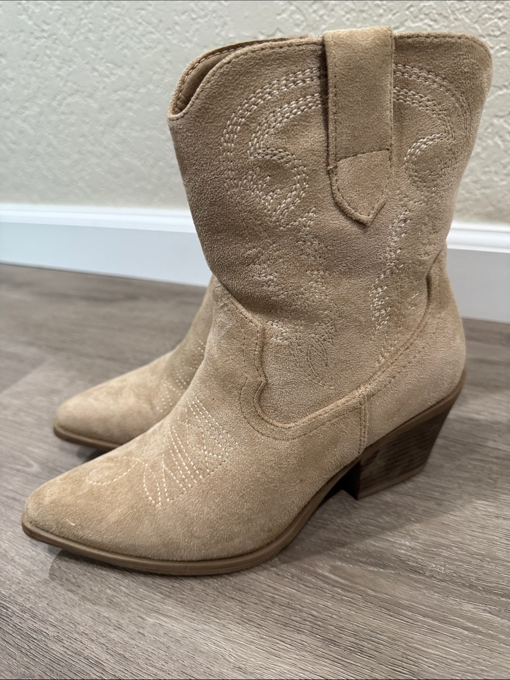 Suede Western Ankle Boots in Light Taupe